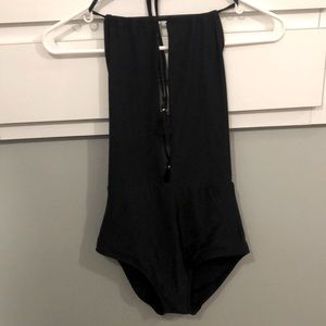 Aerie High Waist Suspended Halter Plunging Keyhole One-piece Swim Black Small